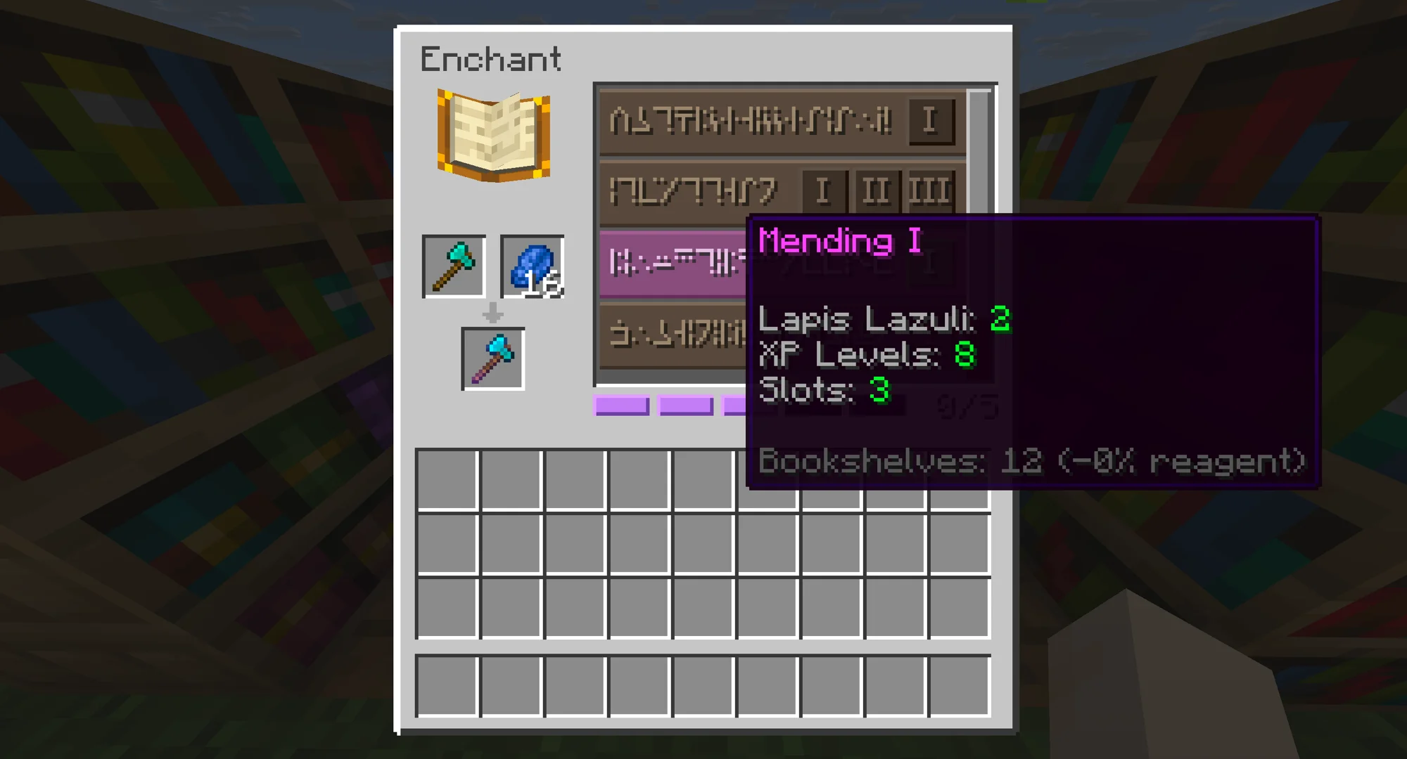 The Catalogue in game: an enchanting table screen listing enchantments from the surrounding chiseled bookshelves, with a tooltip showing the reagent, experience and slot cost of Mending I