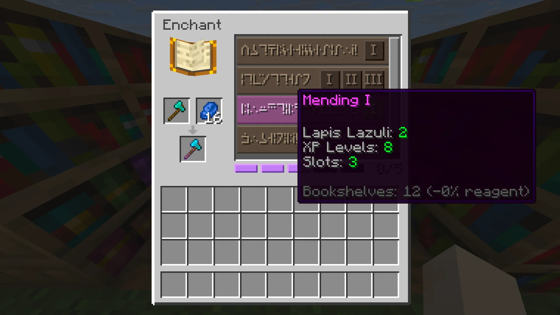 The Enchanting Catalogue open in Minecraft, showing the item and reagent slots, enchantment rows and the slot budget along the bottom.