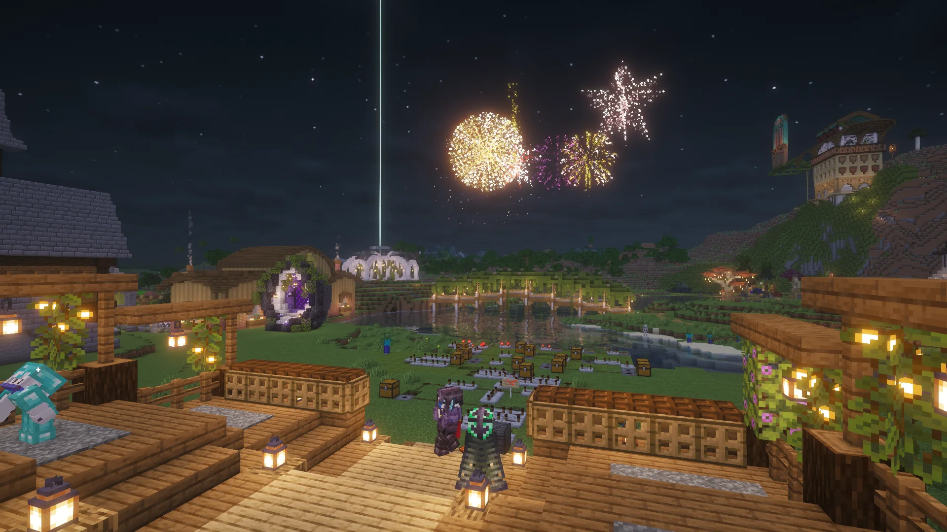 Players gathered on a lantern-lit wooden terrace while fireworks burst over their shared Minecraft settlement.